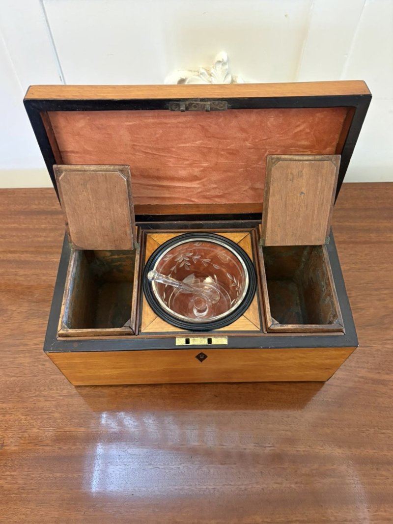 Antique Georgian Satinwood Tea Caddy Box with Original Glass Bowl and Mixing Stick - Image 4